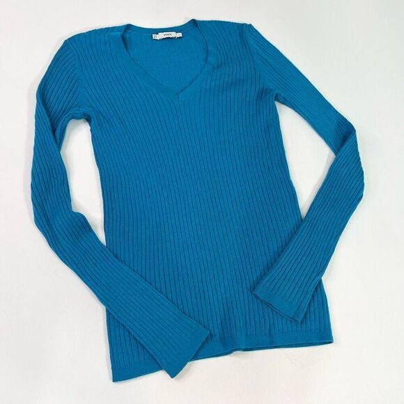 Vince Top Womens Small Blue Bay Ribbed Stretchy Fitted Cashmere Blend Sweater - Picture 1 of 9